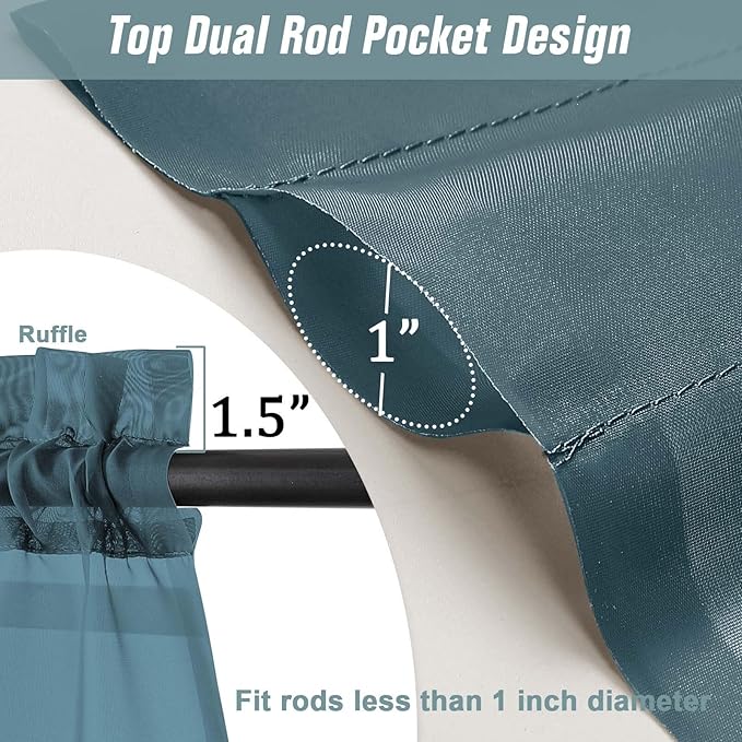 Small Sheer Curtains Tier 24 Inches Length 2 Pieces, Light Filtering Cafe Curtains for Living Room Bathroom, Modern Window Treatments Dual Rod Pocket Panels, Dusty Blue, 2X42Wx24L Inches