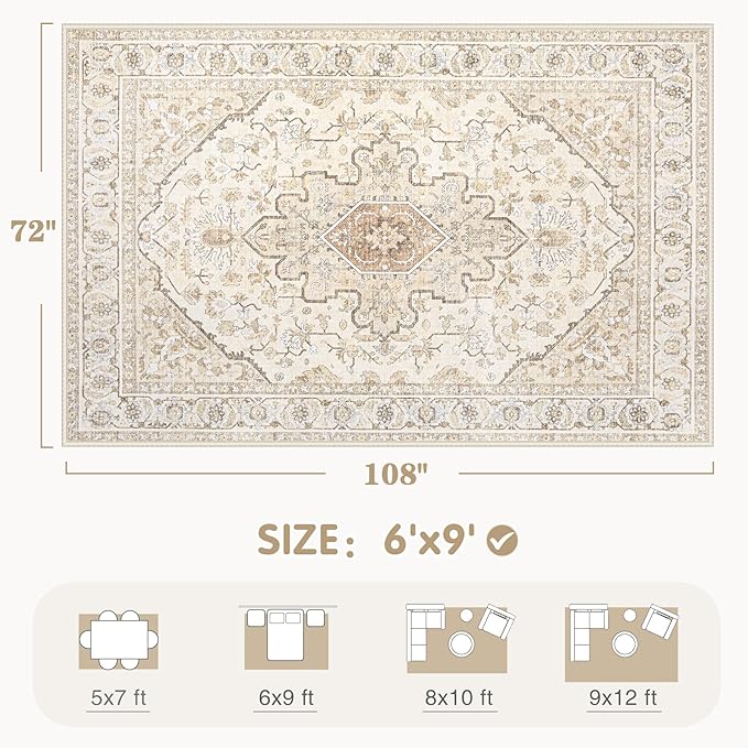 Area Rugs 6x9 Vintage Rug: Washable Living Room Rug Retro Medallion Distressed Large Soft Low Pile Non-Slip Indoor Floor Carpet for Bedroom Kitchen Nursery Dining Table Office (BeigeBrown, 6'x9')