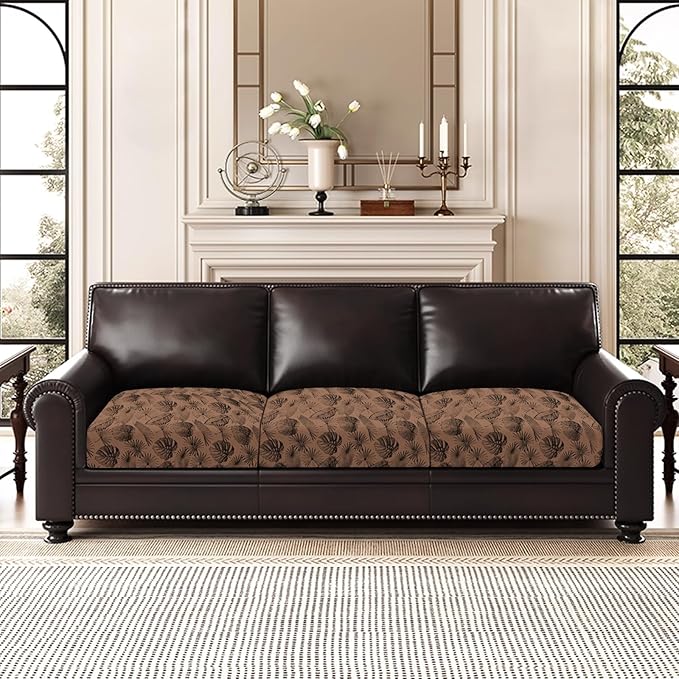 Leather Look Couch Cushion Covers Sofa Seat Slipcovers Sets Couches Furniture Protector for Sectional Armchair Loveseat Pets Kids Stretch Spandex Fabric (3 Cushion Sofa, Brown Leaf)