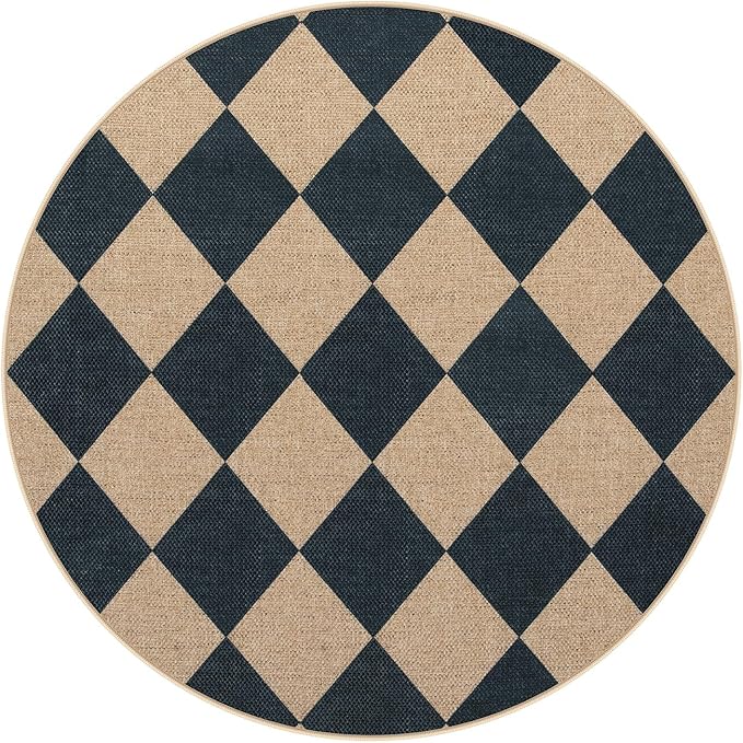 Lahome Colette Checkered Round Rug 3ft, Circle Indoor Outdoor Entryway Patio Rug Washable Easy Jute Rug, Farmhouse Non Slip Small Round Rugs for Bedroom Porch Living Room Decor