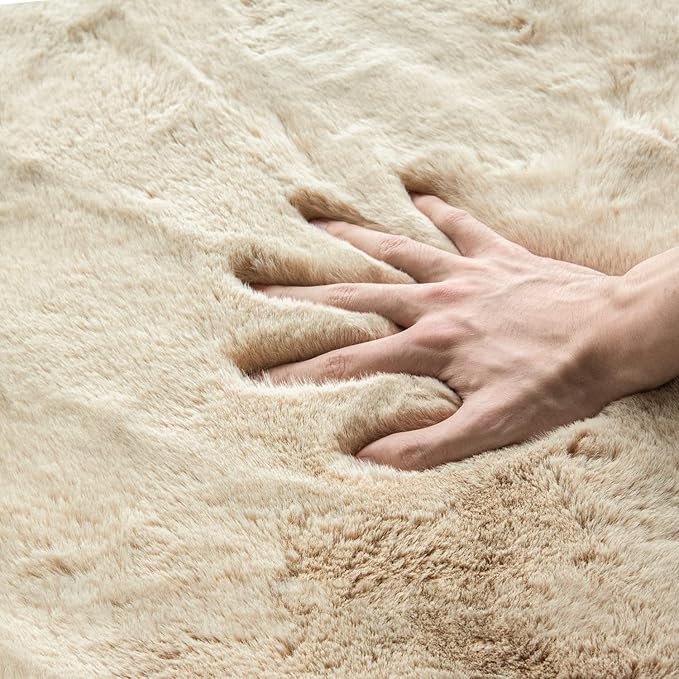 ORINOVA Beige Plush Faux Washable Rabbit Fur Area Rugs for Bedroom Shag Carpet for Living Room 4x6 Rectangle Nursery Rug