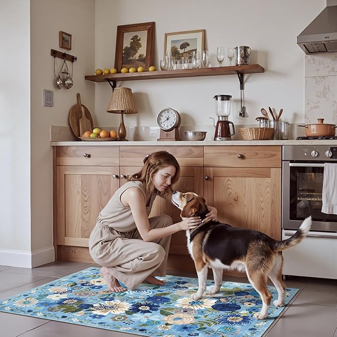 2x5 Entryway Runner Rugs, Non Slip Washable Rugs with Rubber Backing Soft Floral Carpet Runner for Kitchen, Laundry, Bedroom, Bathroom(2 x 5, Blue Garden)