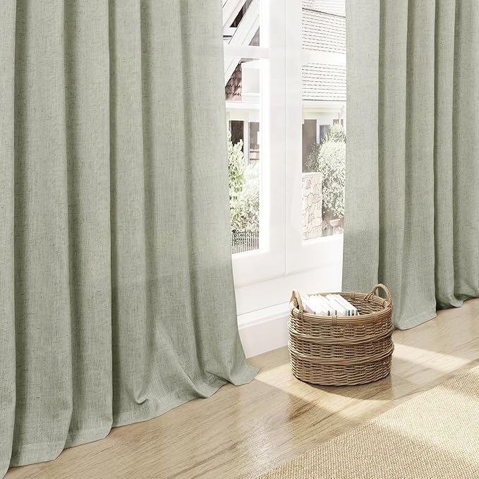 Sage Green Large Window Curtains Light Filtering Semi Sheer Privacy Linen Textured Curtain for Patio Sliding Glass Door Extra Wide Rustic Farmhouse Drapes for Living Room Bedroom Sunroom 100x90 Inch