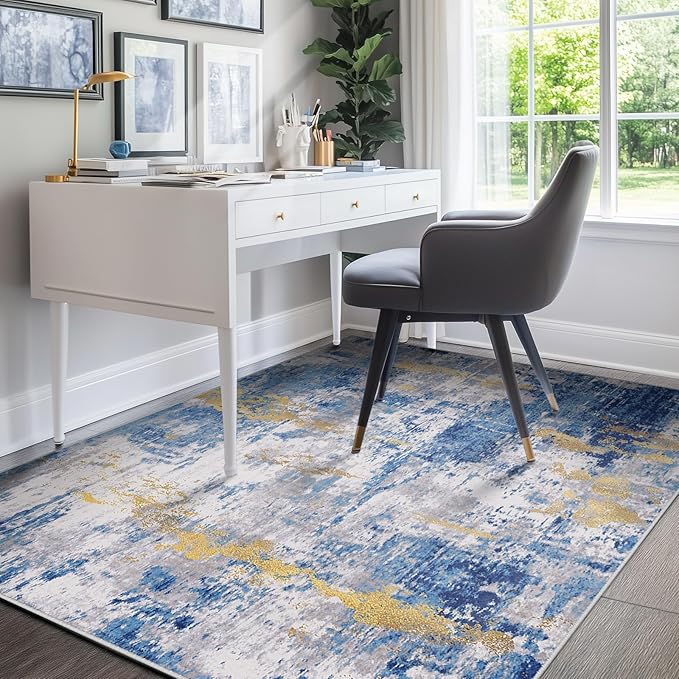 Washable Area Rugs 4'x6' Non-Slip Modern Abstract Soft for Living Room Entryway Bedroom Nursery, Print Pattern, Grey Blue Gold/Golden