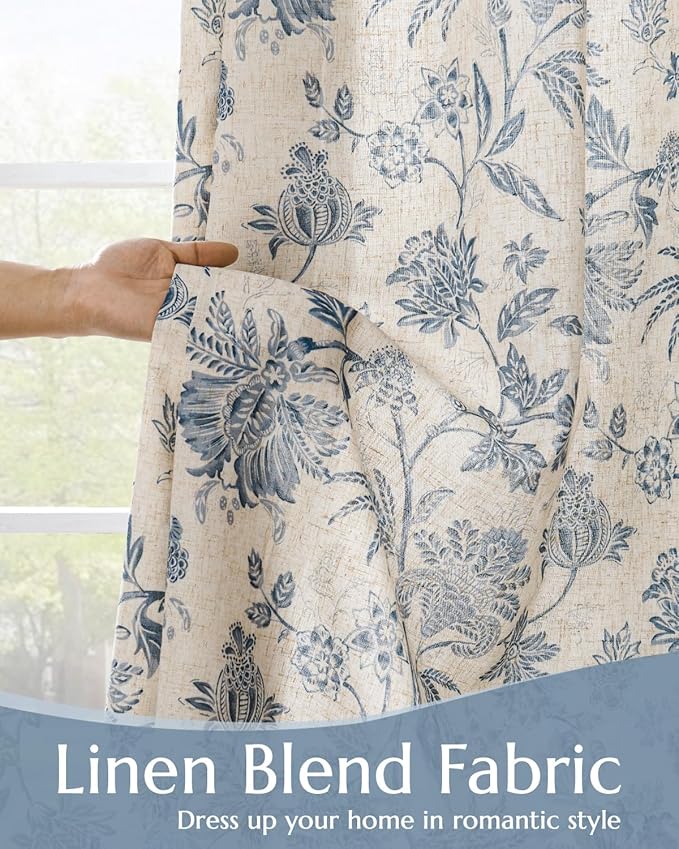 jinchan Lined Linen Floral Curtains for Living Room, 84 Inch Length Printed Flower Farmhouse Patterned French Country Back Tab Blue Window Drapes Set Privacy Bedroom Curtains, 2 Panels
