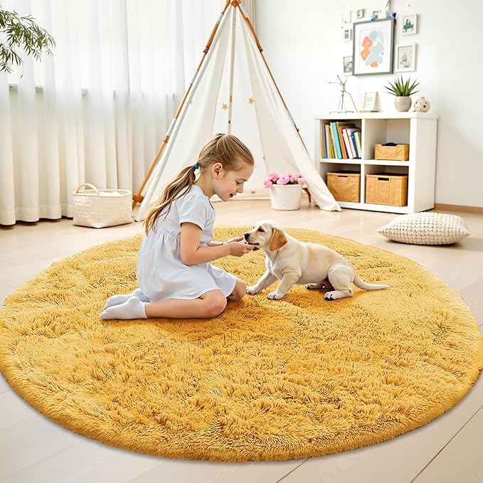 OLANLY Mustard Yellow Round Rugs for Bedroom - Machine Washable, 5 ft Circle Area Rugs for Living Room, Soft and Fluffy Shaggy Carpet for Teen Girl and Boys, Nursery Rooms, Dorms, Home Decor Aesthetic