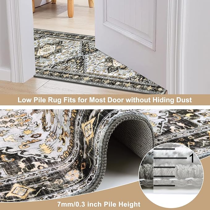 Yamaziot Washable Runner Rug, 2x8 Non-Slip Boho Vintage Hallway Rug Runner with Rubber Backing, Stain Resistant & Low Pile Distressed Carpet Runner for Bedroom, Kitchen, Laundry, Entrance, Black Gold