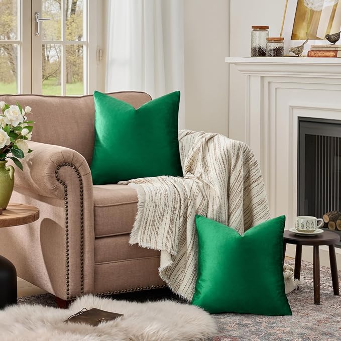GIGIZAZA Decorative Couch Forest Green Pillow Covers,Set of 2 Throw Pillow Cushion Covers 24x24,Square Sofa Velvet Pillow Cases
