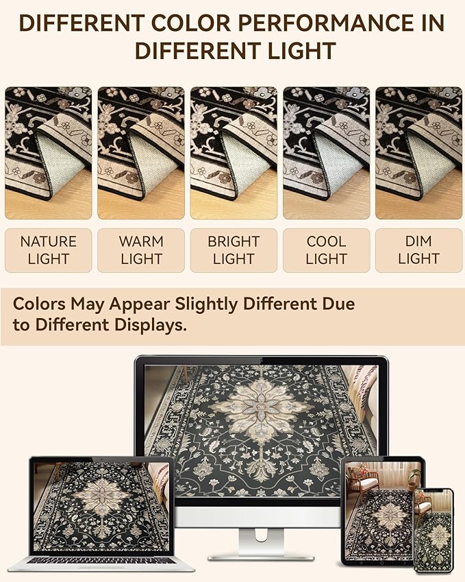 RELEANY Area Rugs 2'x6' Runner Rug Non Slip Washable for Kitchen Hallway Bedroom Beside Laundry Room Bathroom Rug, Floor Carpet, Black Brown Neutral Dark Tan