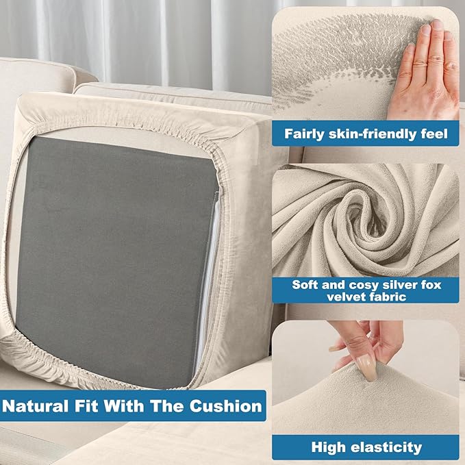 Couch Cover Stretch Velvet Sofa Cushion Cover 1-Piece - Elastic Washable Slipcover for Seat or Backrest, Couch Seat Covers for Sofas (Cream)