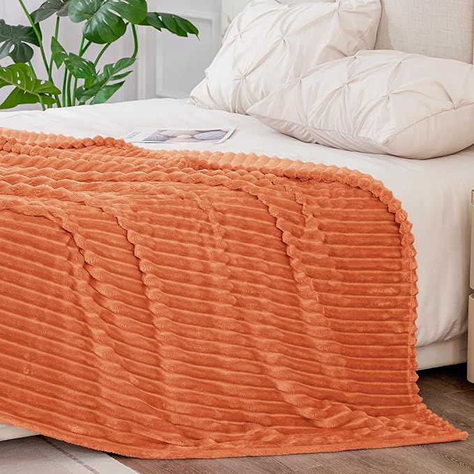 BEDELITE Fleece Blanket King Size – 3D Ribbed Jacquard Soft and Warm Decorative Blankets – Cozy, Fuzzy, Fluffy, Plush Lightweight Throw Blankets for Couch, Bed, Sofa(Orange, 108x90 inches)