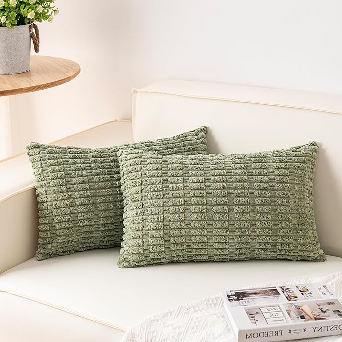 Pack of 2 Corduroy Decorative Throw Pillow Covers 12x20 InchSoft Boho Striped Pillow Covers Modern Farmhouse Home Decor for Sofa Living Room Couch Bed（Sage Green）