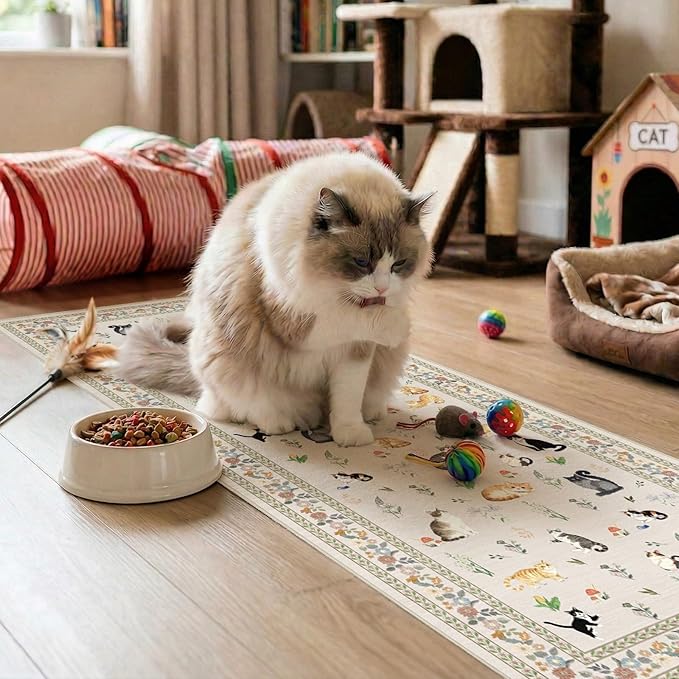 2x6 Washable Kitchen Runner Rug - Soft Low Pile Floral Animal Cat Print Rugs with Non-Slip Backing Waterproof Stain-Resistant Indoor Carpet for Hallway Entryway Bathroom Bedroom (Light Beige)