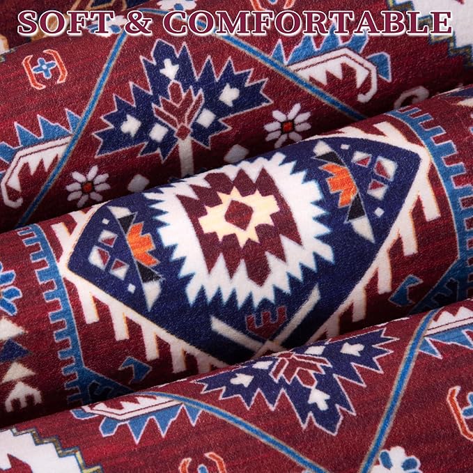 SERISSA 9x12 Area Rugs for Living Room, Large Washable Non-Slip Boho Rug, Ultra Soft Vintage Burgundy Navy Oriental Tribal Print Distressed Carpet for Dining Room Bedroom Dorm Office Home Decor