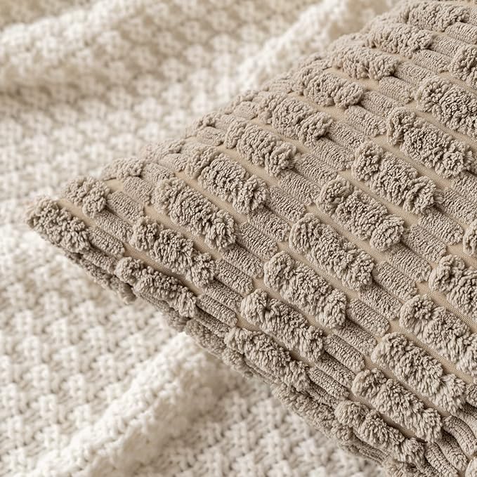 MIULEE Pack of 2 Corduroy Decorative Euro Sham Throw Pillow Covers 26x26 Inch Soft Boho Striped Pillow Covers Modern Farmhouse Home Decor for Sofa Living Room Couch Bed Light Brown
