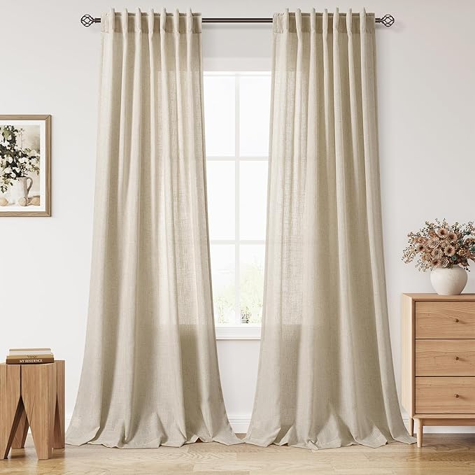 Nanspring Eggshell Beige Curtains 108 Inches Long for Living Room Linen Light Filtering Semi Sheer Curtain Back Tab Rustic Decor Neutral Floor to Ceiling High Window for Bedroom 52x108, 2 Panels