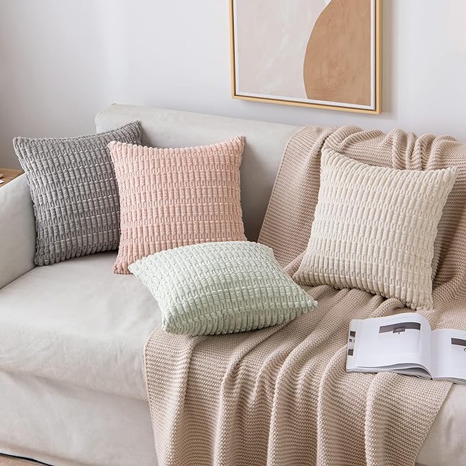 MIULEE Pack of 2 Spring Corduroy Decorative Throw Pillow Covers 20x20 Inch Soft Boho Striped Pillow Covers Modern Farmhouse Home Decor for Summer Sofa Living Room Couch Bed Light Green