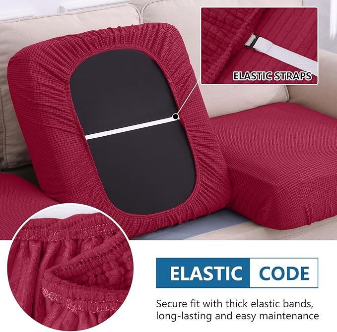 hyha Waterproof Sectional Couch Covers, Non Slip Sofa Couch Cushion Covers L Shape, Thick Stretch Jacquard Fabric, Washable Sofa Slipcovers with Elastic Bottom (1 Piece for Chaise, Wine Red)