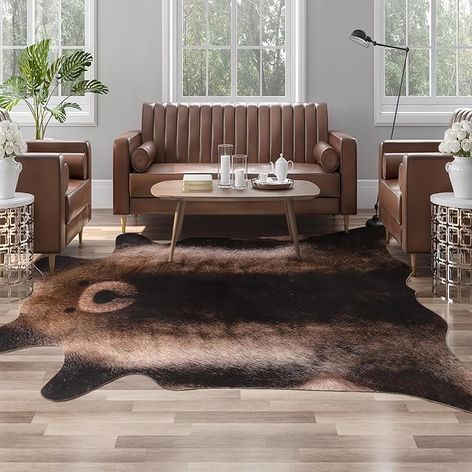 AROGAN Premium Bear Print Rug 4.6x5.2 Feet, Machine Washable Faux Fur Rug, Non-Slip Animal Print Hide Bear Skin Area Rug for Bedroom Living Room Home Decor