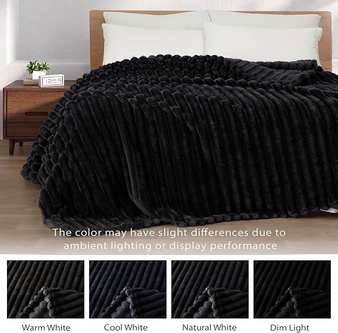 Exclusivo Mezcla Fleece Throw Blanket for Couch, Super Soft Striped Jacquard Bed Blanket, Lightweight Fuzzy Cozy for All Seasons, 50x60 Inches, Black