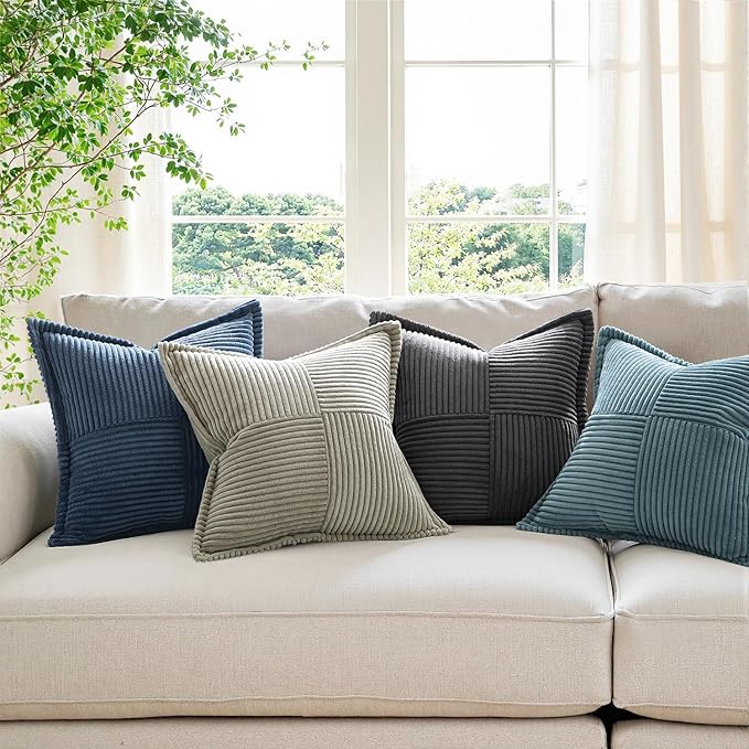 MIULEE Blue Corduroy Decorative Euro Sham Pillow Covers 24x24 Inch with Splicing Set of 2 Soft Boho Pillow Covers Broadside Textured Summer Coastal Pillowcases for Couch Bed Livingroom