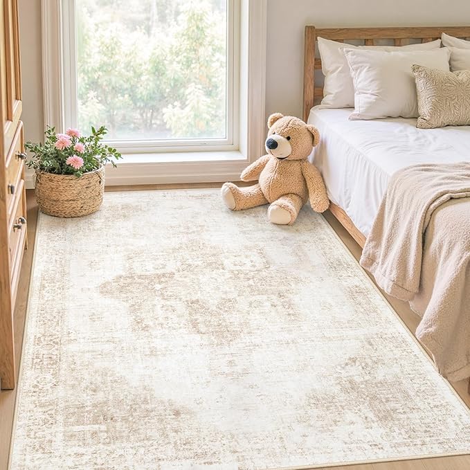 Area Rug 3x5 Washable Rug, Vintage Boho Medallion Entryway Rug Non-Slip Soft Low Pile Small Distressed Floor Carpet Retro Doormat for Kitchen Bedroom Laundry Bathroom Hallway (Beige, 3'x5')