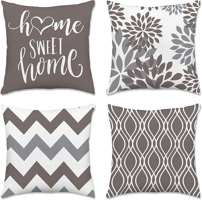 Hexagram Geometric Grey Pillow Covers 18x18 Set of 4, Decorative Outdoor Boho Modern Throw Pillow Covers, Home Sweet Home Farmhouse Cushion Case for Couch Sofa Bedroom Indoor Decor(No Insert)