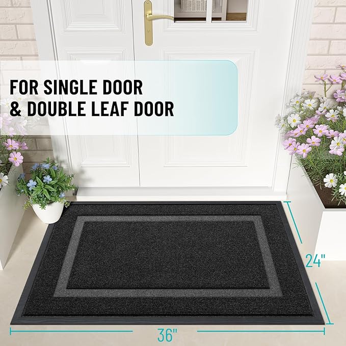 OLANLY Front Door Mat Indoor Outdoor Entrance, Waterproof All-Season, All-Weather Doormat, Sturdy Natural Rubber, Fade Resistant, Low Profile, Easy Clean Patio Porch Entryway Mat, 36x24, Black