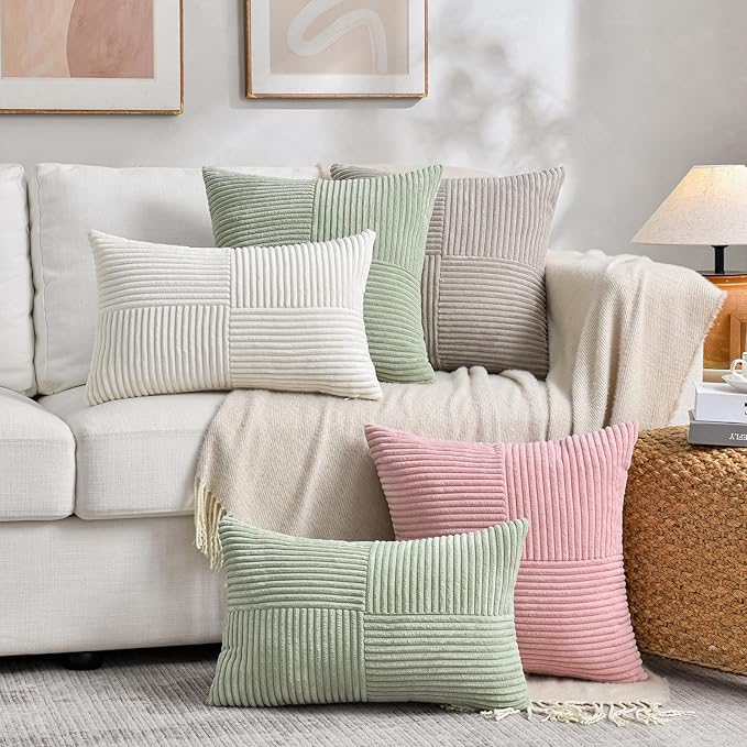 Fancy Homi 2 Packs Tan Long Lumbar Decorative Throw Pillow Covers 12x24 Inch for Couch Bed Sofa, Rustic Farmhouse Boho Home Decor, Soft Striped Corduroy Rectangle Accent Beige Cushion Case 30x60 cm