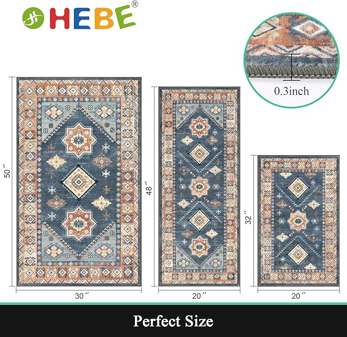 HEBE Boho Kitchen Rug Sets 3 Piece with Runner Non Slip Kitchen Rugs and Mats Washable Kitchen Mats for Floor Thick Kitchen Floor Mat Carpet Runner Rugs for Hallway Laundry Holiday Decor