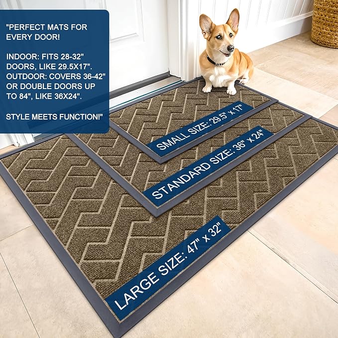 OLANLY Front Door Mat Indoor Outdoor Entrance, Waterproof All-Season, All-Weather Doormat, Sturdy Natural Rubber, Low Profile, Easy Clean Patio Porch Entryway Mat, Herringbone Brick (Brown, 29.5x17)