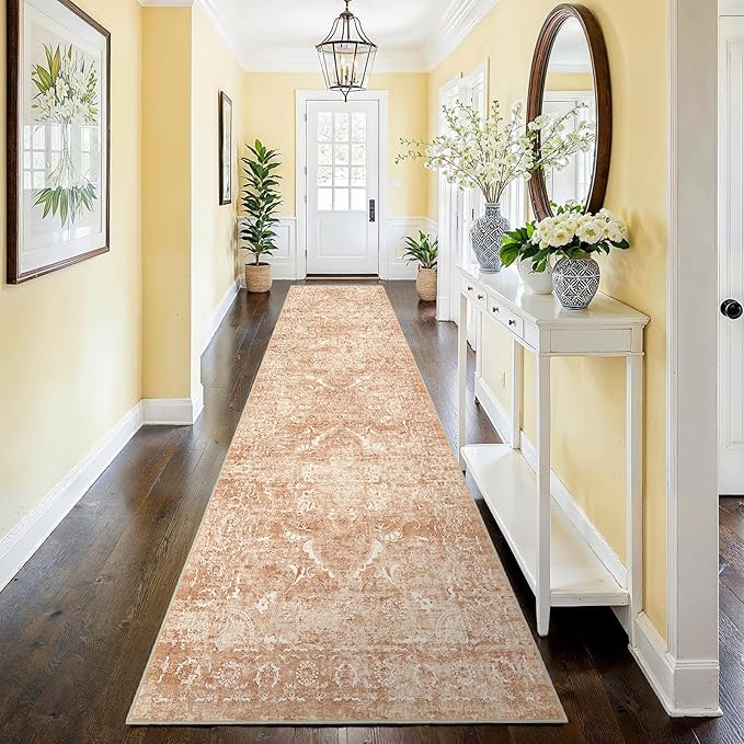 2'6"x12' Washable Hallway Runner Rug - Non Slip Kitchen Runner Rugs with Rubber Backing Vintage Low-Pile Carpet Runners for Entryway Dining Room Laundry Room Home Decor (Brick)