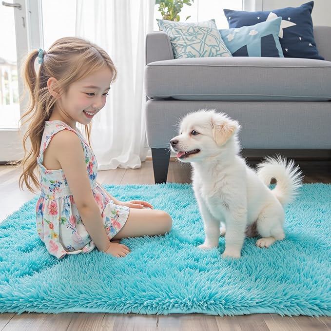 Rugs for Bedroom 4x6, Alfombras para Salas Shag Large Plush Soft Area Rug, Shaggy Carpets for Livingroom, Kids Boys Girls Home Decor Aesthetic(Teal Blue, 4 x 6)