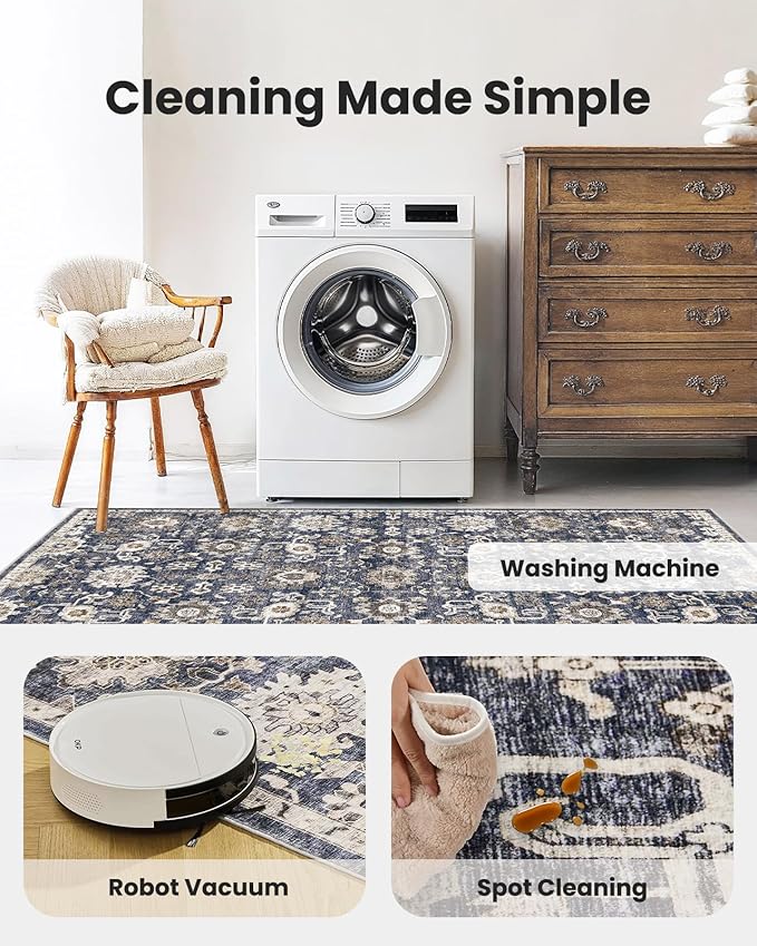 AMADA HOMEFURNISHING 8x10 Washable Area Rug, Low-Profile Large Area Rug with Non-Slip Backing & Durable Edge Binding, Vintage Large Rugs for Living Room, Bedroom, Dinning Room