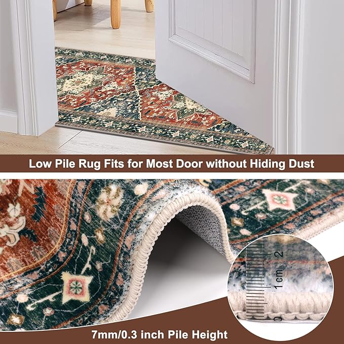 Yamaziot Washable Runner Rug, 2x10 Non-Slip Boho Vintage Hallway Rug Runner with Rubber Backing, Stain Resistant & Low Pile Faux Wool Distressed Carpet Runner for Kitchen, Laundry, Entrance