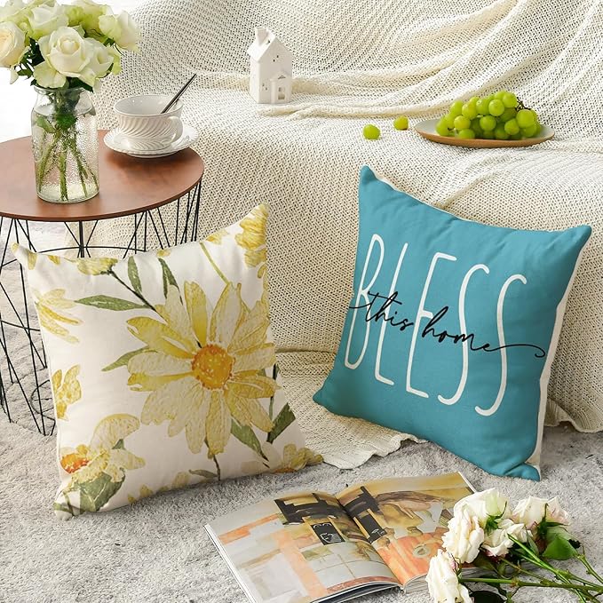 AVOIN colorlife Home Sweet Home Spring Summer Flowers Yellow Throw Pillow Covers, 16 x 16 Inch Blue Cushion Case for Sofa Couch Set of 4