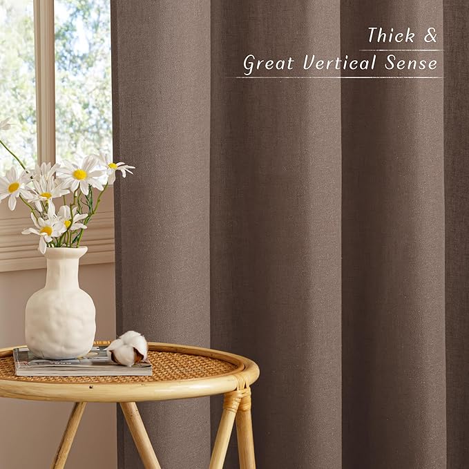 NICETOWN Linen Brown Curtains 84 inch Long, Grommet Privacy Added Thick Flax Window Treatments with Light Filtering Drapes for Bedroom/Farmhouse, W55 x L84, 2 Panels