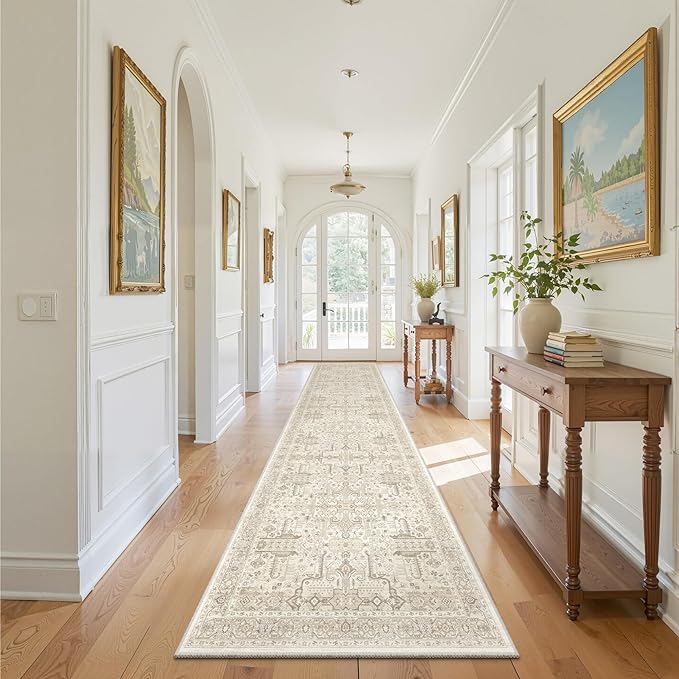 Hallway Washable Runner Rug 2x10 - Non Slip Vintage Kitchen Runner Rugs for Entryway Low-Pile Waterproof Long Runners for Living Room Bedroom Medallion Indoor Floor Mat for Bathroom Laundry Beige