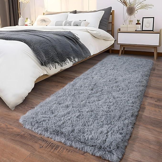 Soft Runner Rugs for Bedroom Hallways, 2 Packs 2x6 Grey Fluffy Shag Throw Area Rug Non Slip for Bedside Dorm, Long Shaggy Furry Carpet for Nursery Living Room