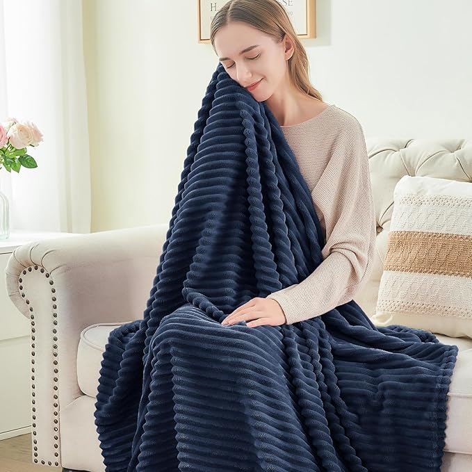 BEDELITE Fleece Blanket Twin Size – 3D Ribbed Jacquard Soft and Warm Decorative Fuzzy Blankets – Cozy, Fluffy, Plush Lightweight Throw Blankets for Couch, Bed, Sofa(Navy Blue, 60x80 inches)