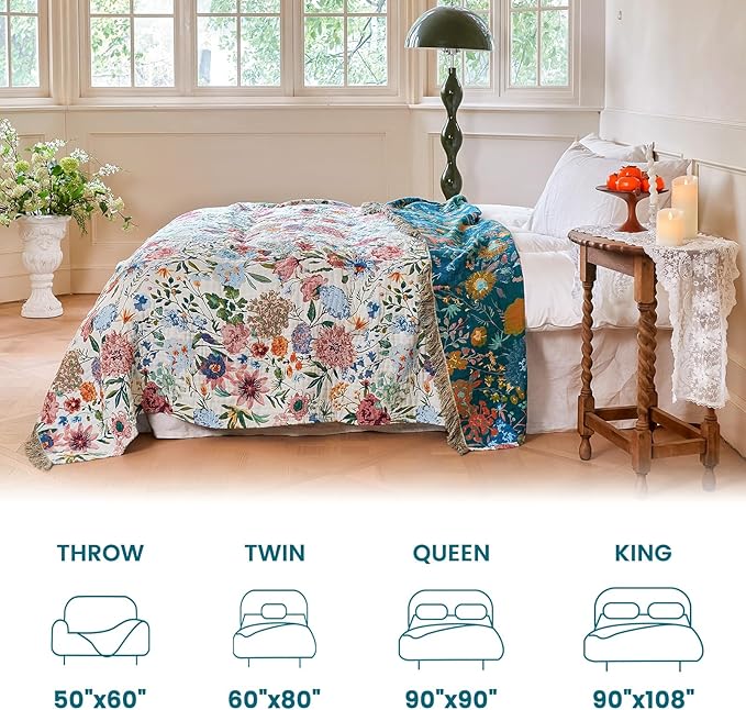 MSGKV Boho Throw Blanket 50"x60" Couch Floral 100% Cotton Blanket Spring Breathable Lightweight Farmhouse Blankets for Sofa Home Decor Muslin Guaze All Seasons