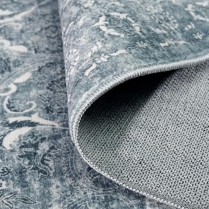 4x10 Washable Hallway Runner Rug - Wide Kitchen Runners Vintage Low Pile Carpet Soft Thin Floor Runner with Rubber Backing for Entryway Bedroom Living Room Home Decor (Blue)
