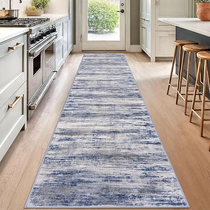KOZYFLY Modern Abstract Washable Rug Runner 2.6x12 Hallway Rug Runner Non-Slip Soft Kitchen Runner Rugs, Grey-Blue Striped Carpet for Entryway Bathroom Laundry Room Foyer