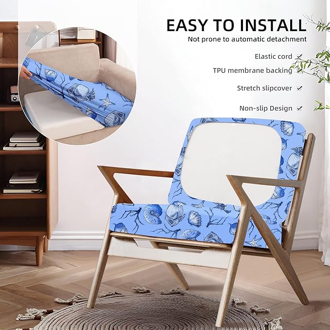 8Pcs Outdoor Cushion Covers, Patio Cushion Covers,Stretch Elastic Slipcovers, Replacement Washable & Reusable Furniture Protector for Patio Couch (Shells & Fish,Cover Only)