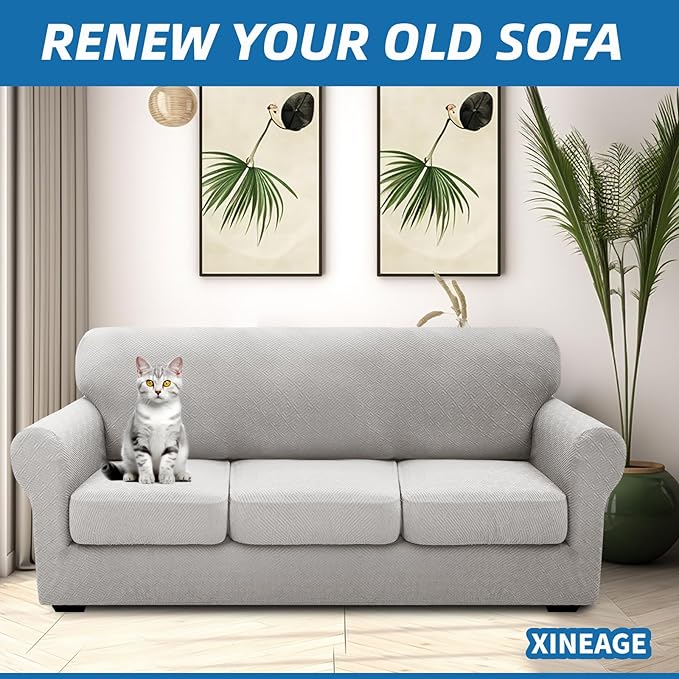 XINEAGE 2026 New 4 Pieces Extra Large Couch Covers for 3 Cushion Sofa Super Stretch Sofa Cover for 3 Large Seat Cushion Universal Slip Cover for Living Room (Silver Grey), 91"-110"(3 Cushions)