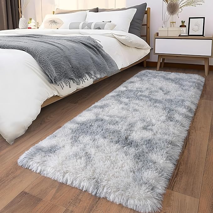 Ultra Soft Runner Rugs for Bedroom Hallways with Upgraded Non-Slip Rubber Backing & Thick Memory Sponge, 2x8 Feet Fluffy Shag Throw Area Rug for Bedside Dorm Tie-dye Light Grey
