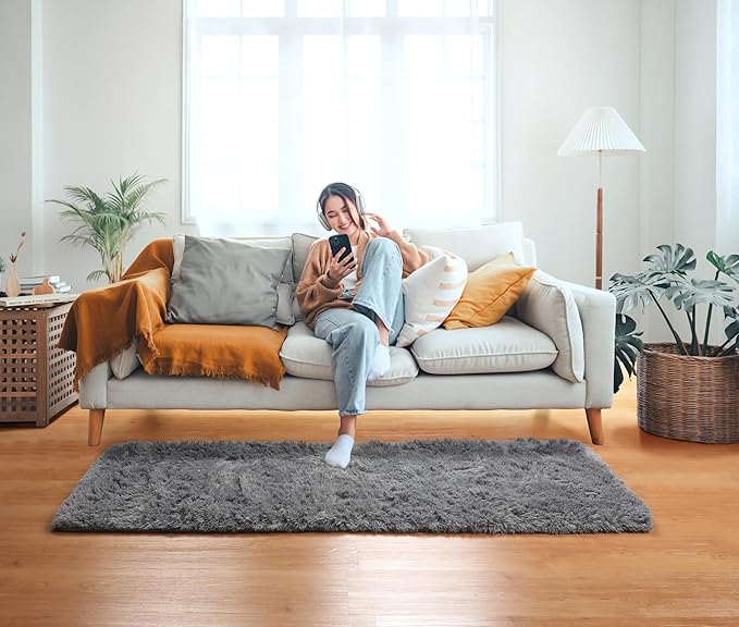 ONASAR 2x6 Grey Runner Rugs for Bedroom Living Room, Fluffy Bedside Hallway Throw Area Rug, Gray Ultra Soft Plush Furry Floor Carpet Mat for Nursery Kids Dorm Closet Home Decor Aesthetic