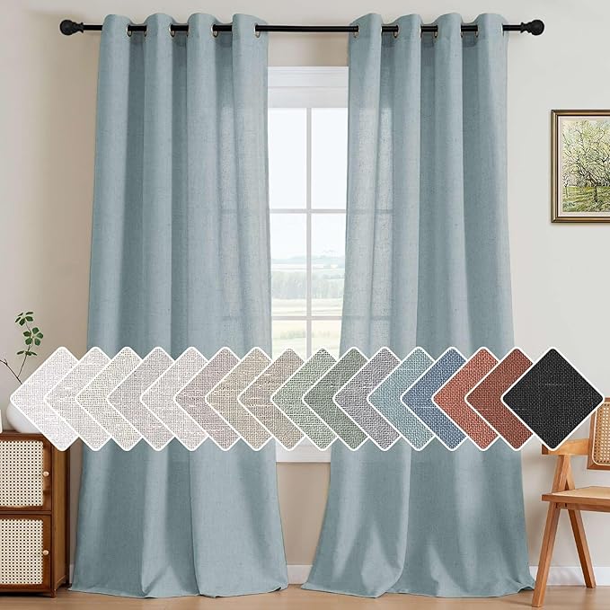 H.VERSAILTEX Living Room Linen Curtains - Semi Sheer, Nickel Grommet, Energy Saving Light Filtering Window Treatments - Panels for Bedroom, Cloud Blue, 2 Panels, 52 x 108 Inch