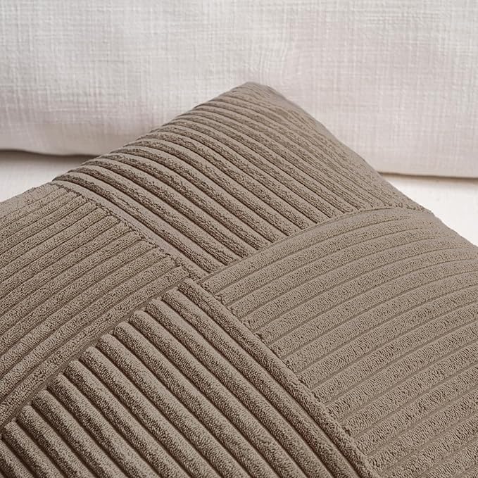 Fancy Homi Set of 2, Light Brown Patchwork Corduroy Decorative Soft Striped Modern Accent Cushion Case Farmhouse Boho Neutral Throw Pillow Covers for Chair Couch Bed Sofa Living Room 12x12 Inch