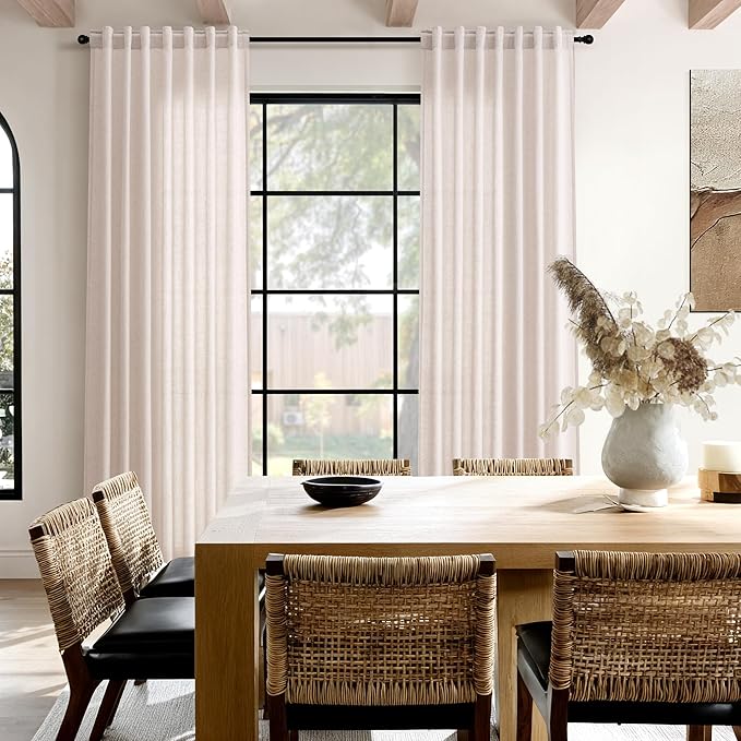Nanspring Natural White Linen Curtains 120 Inches Long for Living Room Textured Neutral Farmhouse Privacy Sheer Curtains Back Tab Floor to Ceiling Curtain for Bedroom Office 52x120, 2 Panels